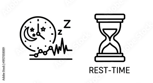 Sleep tracking and rest time outline icons with night clock hourglass and biofeedback graph for healthy lifestyle habits productivity and wellness apps