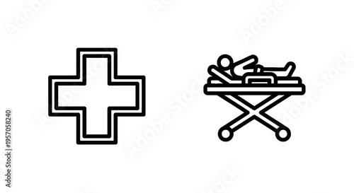 Medical icons set featuring a hospital cross and an emergency stretcher gurney for healthcare and first aid concept, minimalist black outline illustration