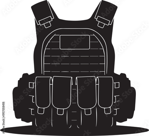 Tactical bulletproof vest silhouette vector illustration with body armor pouches line art