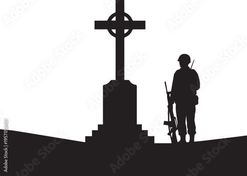 Soldier standing illustration vector line art at monument transparent background, hero veteran salute