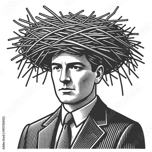 serious man with a bird nest on his head, confusion, chaos, stress, and tangled thoughts sketch engraving generative ai fictional vector illustration. Scratch board imitation. Black and white image.