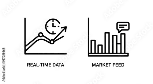 Financial market data icons set featuring real-time growth line graph and market feed bar chart with speech bubble, business analytics and investment stats
