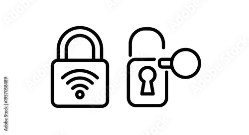 Digital security and network privacy icons featuring a wi-fi padlock and an unlocked padlock with key symbol, cybersecurity encryption and data protection