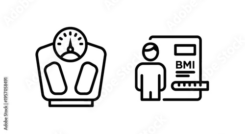 Health and fitness measurement icons featuring a bathroom weighing scale and body mass index bmi symbol with height ruler, wellness and medical assessment