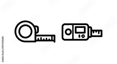 Traditional tape measure and digital laser distance meter icons for construction and interior design measurement, vector outline illustration for pro builders
