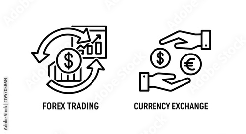 Forex trading and currency exchange icons representing global finance and money markets, vector outline illustration for banking and investment portals