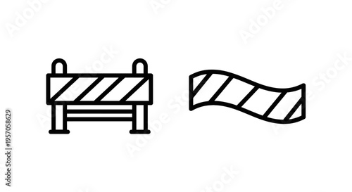 Construction road barrier and hazard warning tape line icons set isolated on white background for safety maintenance and street traffic control concept