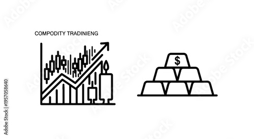 Stock market candlestick growth chart and stack of gold bullion bars line icons representing financial investment profit and wealth management success