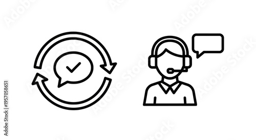 Customer support service agent with headset and continuous feedback cycle line icons for helpdesk communication and client satisfaction concept