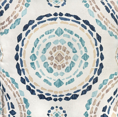 Graphic background of classic ornamental fabric in random damask, round medallion pattern. Wallpaper and fabric design. Tosca, blue, and white colors. Paisley fabric. Seamless background texture.