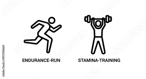 Endurance running and stamina weightlifting strength training line icons set for fitness gym exercise workout and healthy active lifestyle concept