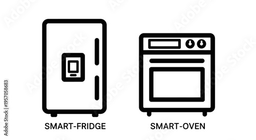Smart refrigerator with digital screen and modern kitchen oven line icons set for home automation internet of things and domestic appliance concept