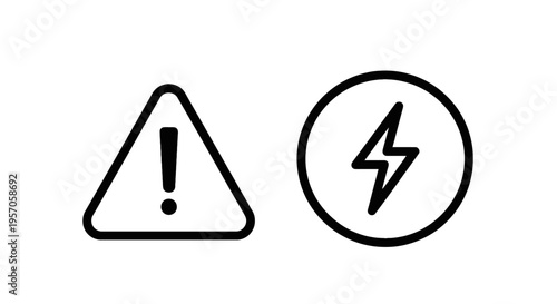 High voltage electrical hazard warning sign and power lightning bolt line icons set for safety alert electricity and energy industry concept