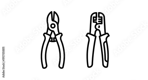 Electrical wire cutters and stripping tool icons in black line art style for maintenance repair and construction hand tools on white background