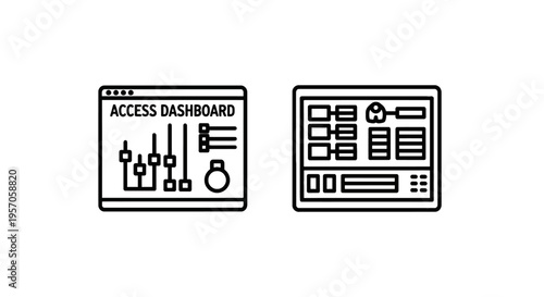 Access dashboard interface and complex data analytics panel icons in black line style for software management and system monitoring on white background