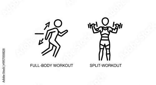 Full-body workout running person and split workout weightlifter icons in black line style for fitness training and exercise routines on white background