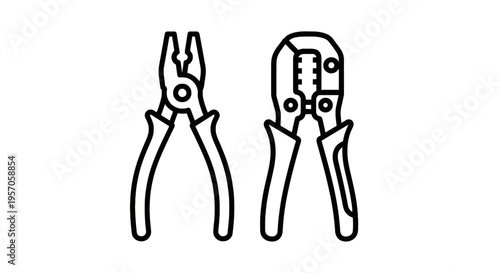 Professional pliers and crimping hand tool icons in black line style for electrical work maintenance and industrial repair concepts on white background