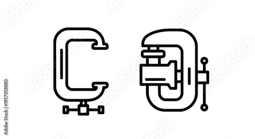 Industrial c-clamp tool icons for woodworking and metalworking projects isolated on white background for construction and hardware store branding