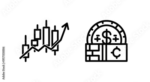 Stock market growth chart with upward arrow and dollar coin protected by brick wall for investment safety and capital management financial concepts