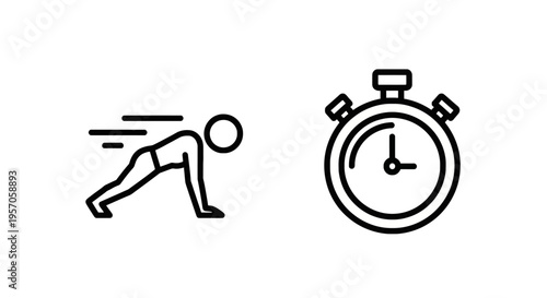 Fitness and sports timing icons featuring a person in plank exercise position and a stopwatch for workout performance tracking and gym training