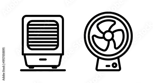 Home cooling appliance icons featuring a portable air cooler and desk fan for ventilation, temperature control, and climate management in summer