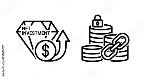 Nft investment and blockchain security line icons with diamond, coins, and chain links. financial technology symbols for digital asset trading and crypto
