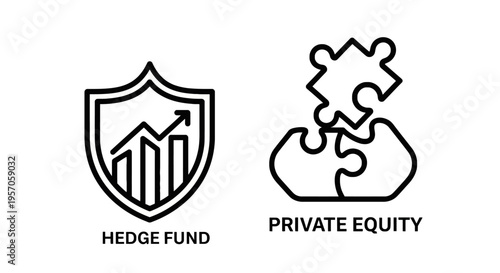 Hedge fund and private equity line icons set featuring a shield with growth chart and interlocking puzzle pieces for financial investment and management