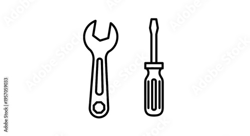 Wrench and screwdriver hand tools line icon set for repair maintenance construction and diy hardware services isolated on white background for graphic design