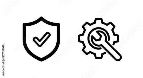 Shield and gear line icons for security and technical support featuring checkmark and wrench for data protection system maintenance and configuration