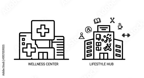 Wellness center and lifestyle hub building line icons for healthcare medical facilities amenities and urban community services architecture graphic design