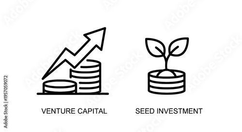 Coins and sprout line icons for venture capital and seed investment featuring growth arrow and plant for startup funding and wealth management concepts