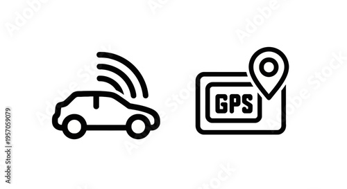 Connected car and gps location navigation icons, smart vehicle technology and map tracking concept with automotive line art graphics on white background