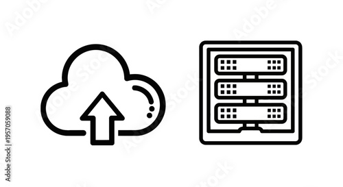 Cloud upload and server rack data storage icons, network technology and web hosting concept with database hardware line art graphics on white background