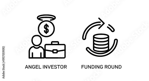 Angel investor and funding round business icons, startup investment concept with person and briefcase and coin stack with cycle arrow line art set
