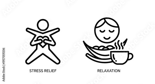 Stress relief and relaxation line icons with person holding heart and tea cup with herbal leaves for mental health wellness and mindfulness concepts