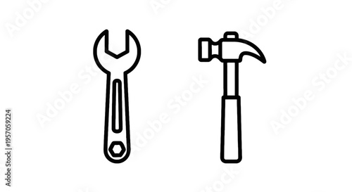 Maintenance and repair tool line icons showing adjustable wrench and claw hammer for diy construction and renovation home improvement projects