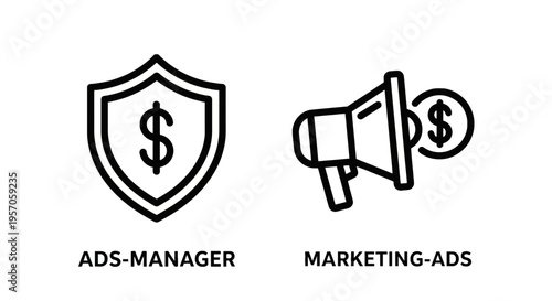 Advertising manager and marketing ads line icons with dollar shield and megaphone for paid promotion and business finance management