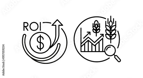 Financial investment and agriculture analysis line icons showing return on investment symbol and grain market statistics with magnifying glass
