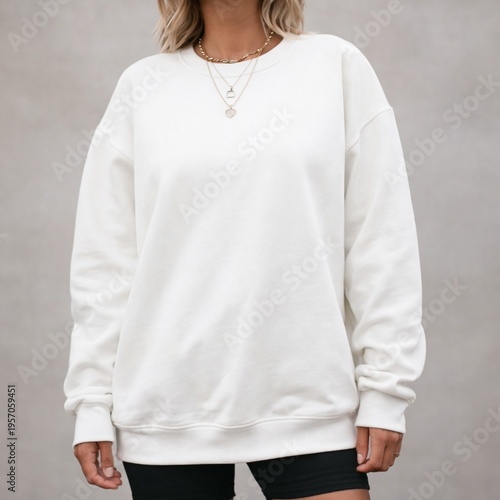 Woman Wearing Blank White Oversized Sweatshirt Mockup