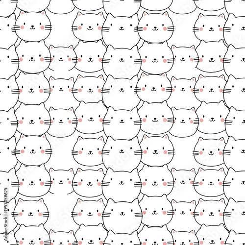 Seamless pattern of cute white kawaii cat characters