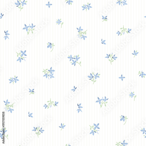 Seamless floral pattern, ditsy flower pattern, fabric print in elegant style on stripe background, timeless floral, small soft ditsy flower. Surface design for home textile, wallpaper pattern, fabric,