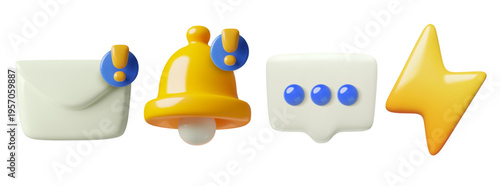3D notification icons with a bell, message, comment and lightning bolt. Cute plastic vector social media elements set.