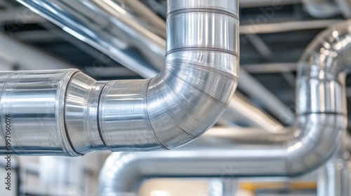 Shiny industrial metal pipe elbow curving in a modern factory
