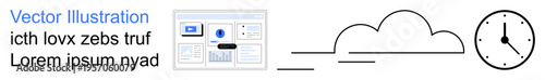 Cloud computing, data management, business efficiency, time tracking, digital storage, user interface. Dashboard graphic, cloud icon clock symbol. Cloud computing and time tracking visualization