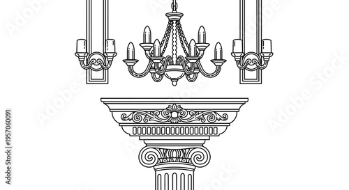 Elegant line art illustration of classical architectural elements and lighting fixtures
