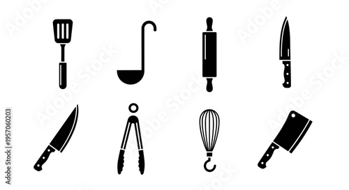 Collection of black kitchen utensil icons on a white background