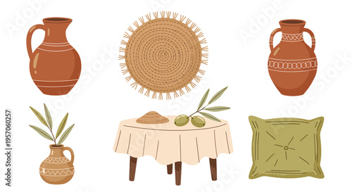 Bohemian home decor elements including pottery, woven mat, and table setting
