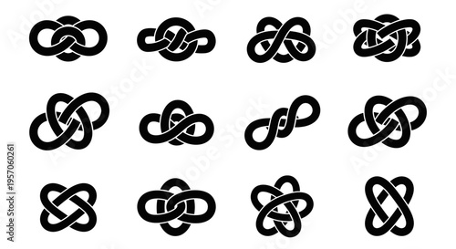 Collection of twelve intricate black Celtic knot designs on a white background