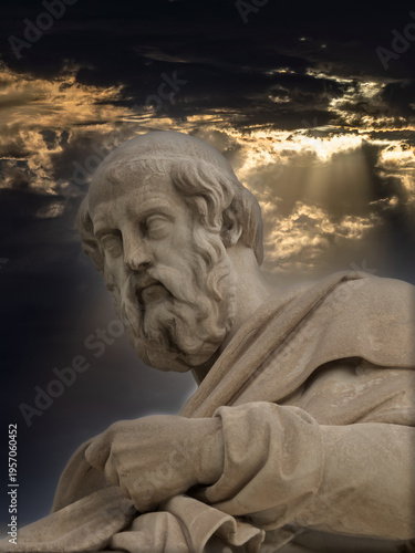Photography Close-up of Plato, ancient Greek philosopher, in serene reflection beneath Athens' storm-golden sky, embodying idealism and profound wisdom