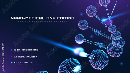 Abstract futuristic technology background showing nano medical DNA editing.